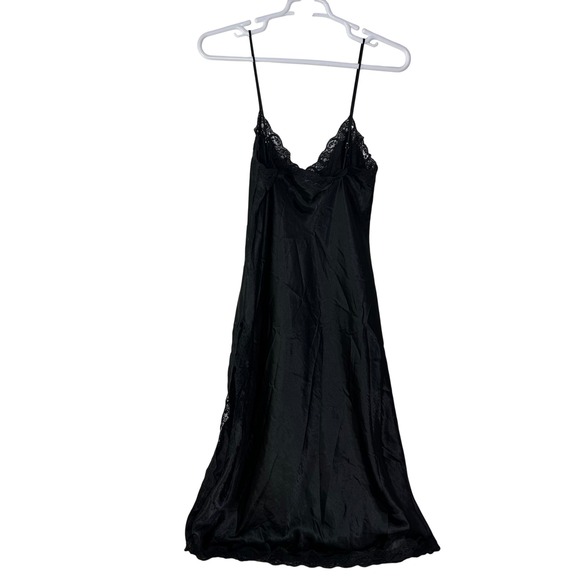 Vintage Chanteause Slip Dress Lingerie Women's Medium Black Lace Side Slit Gown - Picture 2 of 7